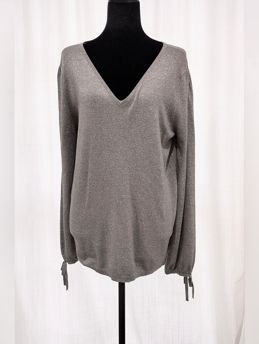 Express Metallic V-Neck Sweater in Metalic Gray.